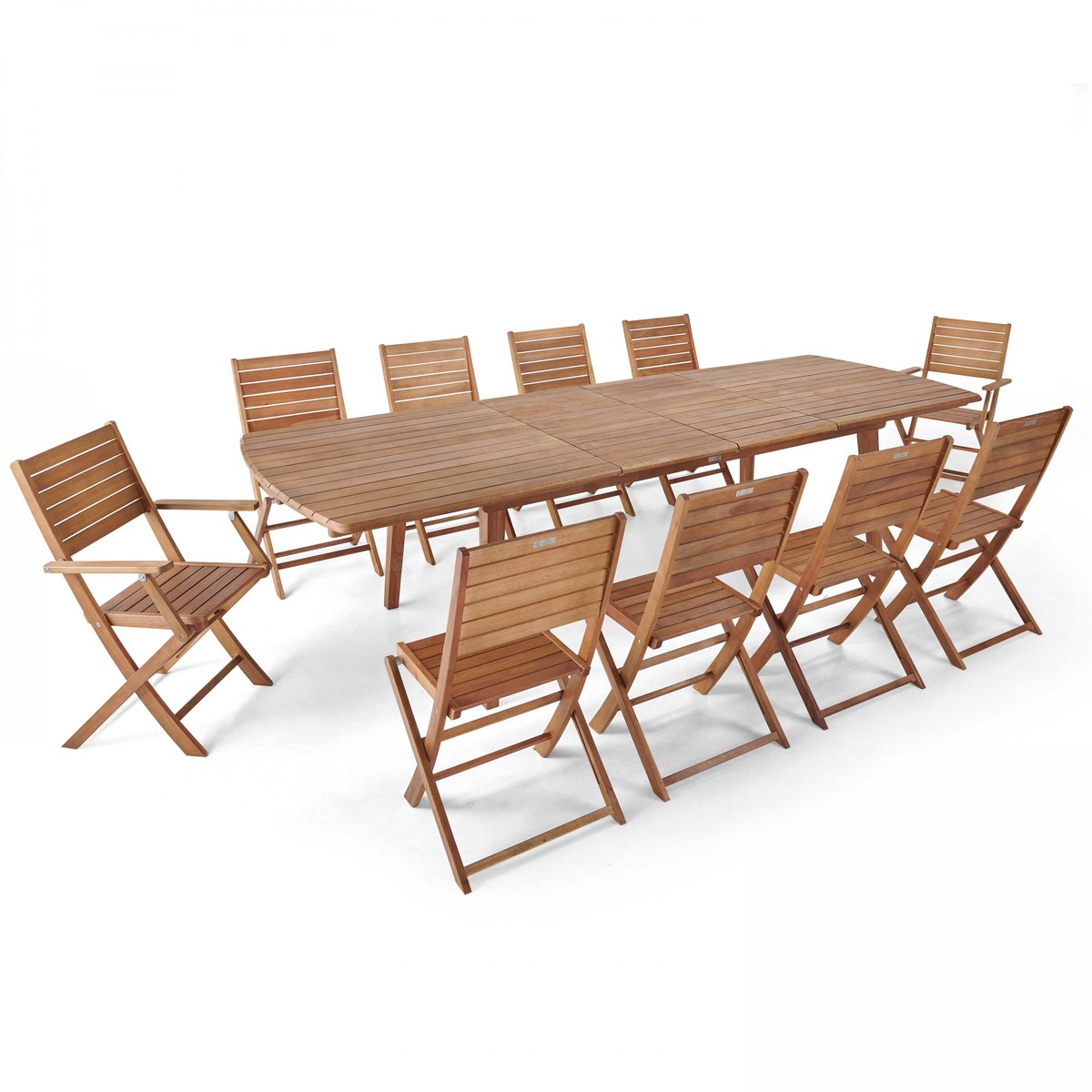 Salon de jardin table extensible et 10 chaises en bois, CANET bois, OVIALA