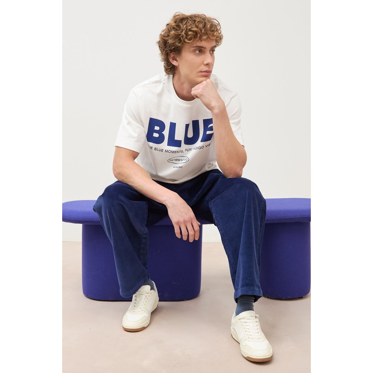 Pantalon large en velours longueur 32 bleu foncé, BONOBO