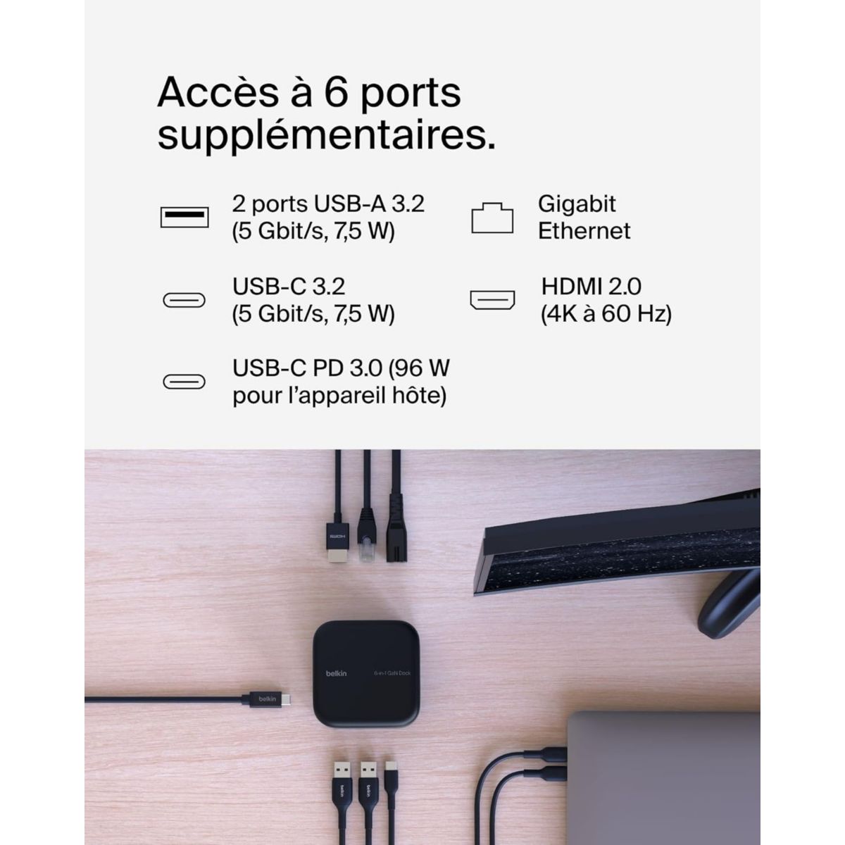 Station d'accueil USB-C 6 en 1 Dock Core 130W couleur unique, BELKIN