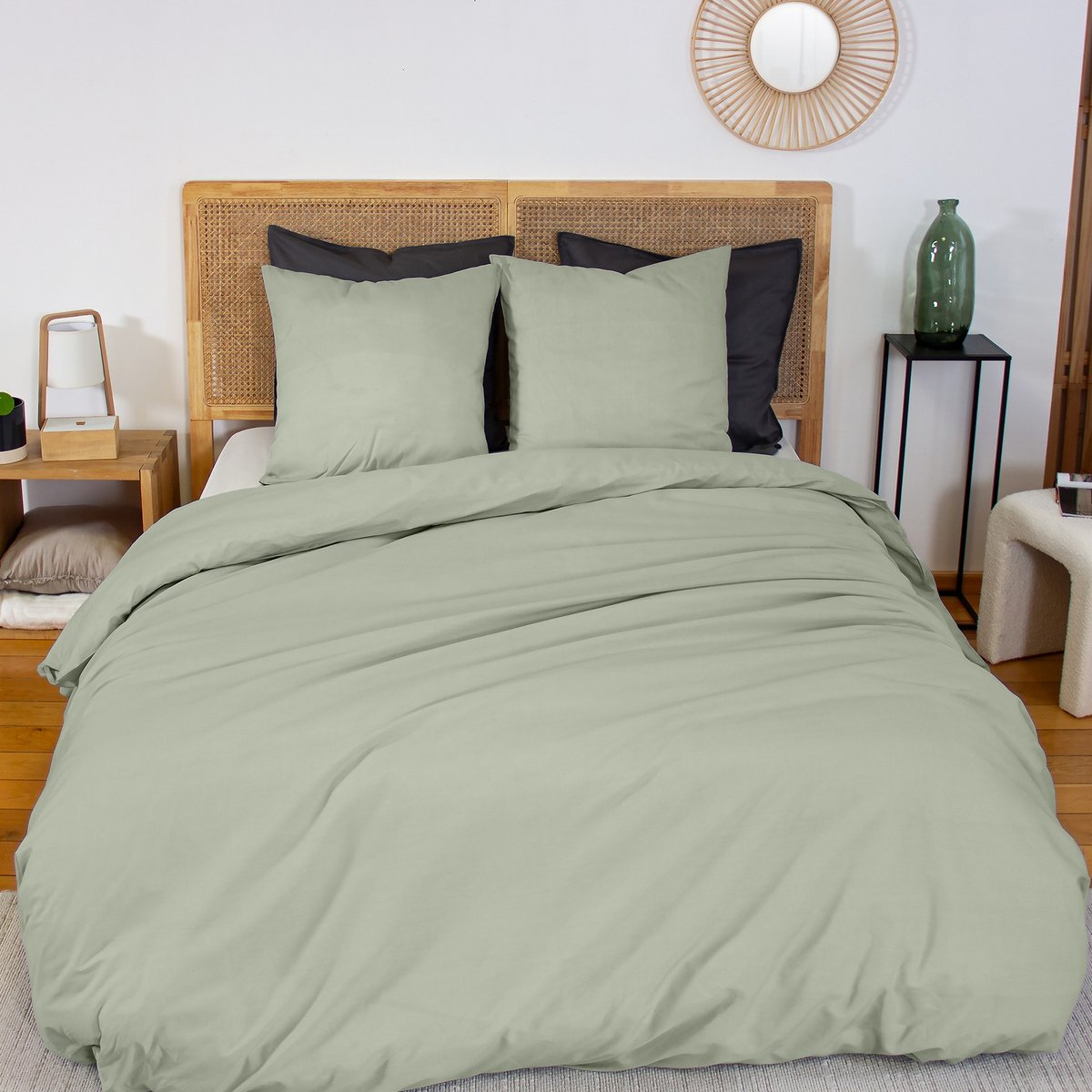 Parure de lit - housse de couette avec taies en percale de coton sauge, EDEN