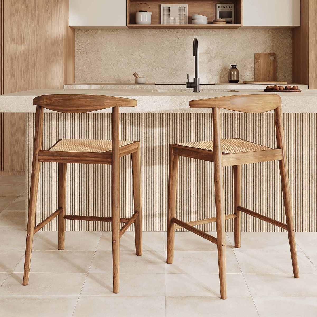 Lot de 2 chaises pour îlot central en bois de teck vernis et cannage - ALIA marron, MAISON PAVANE