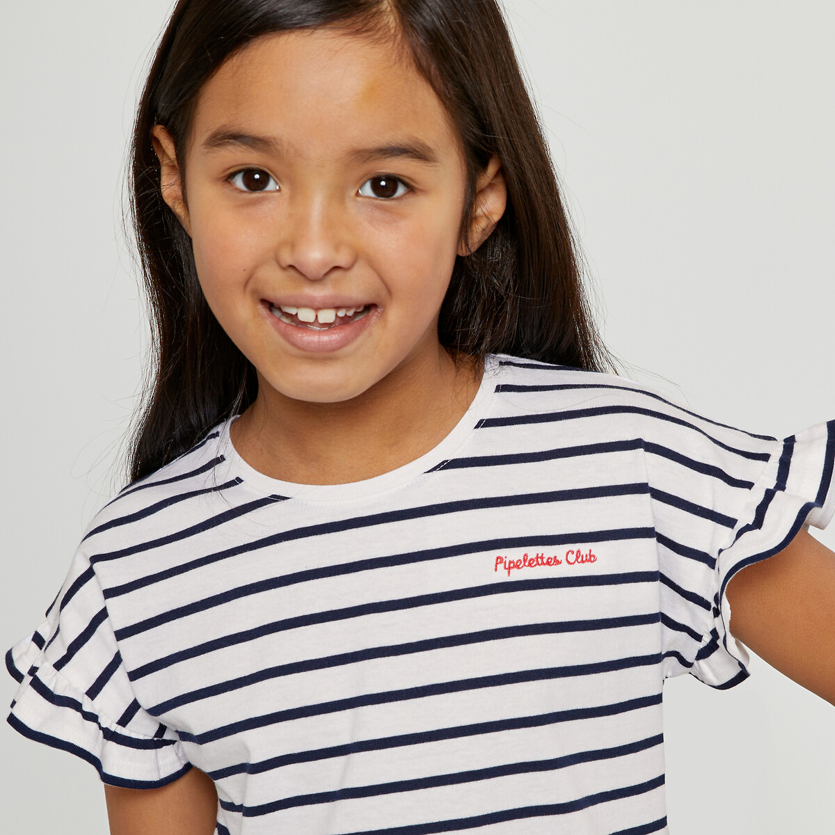T-shirt a righe volant alle maniche, scritta ricamata rigato blu vivo/bianco, LA REDOUTE COLLECTIONS
