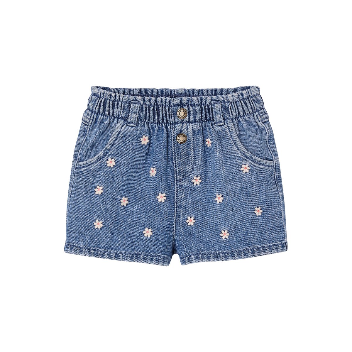 Short bébé en denim brodé stone, VERTBAUDET