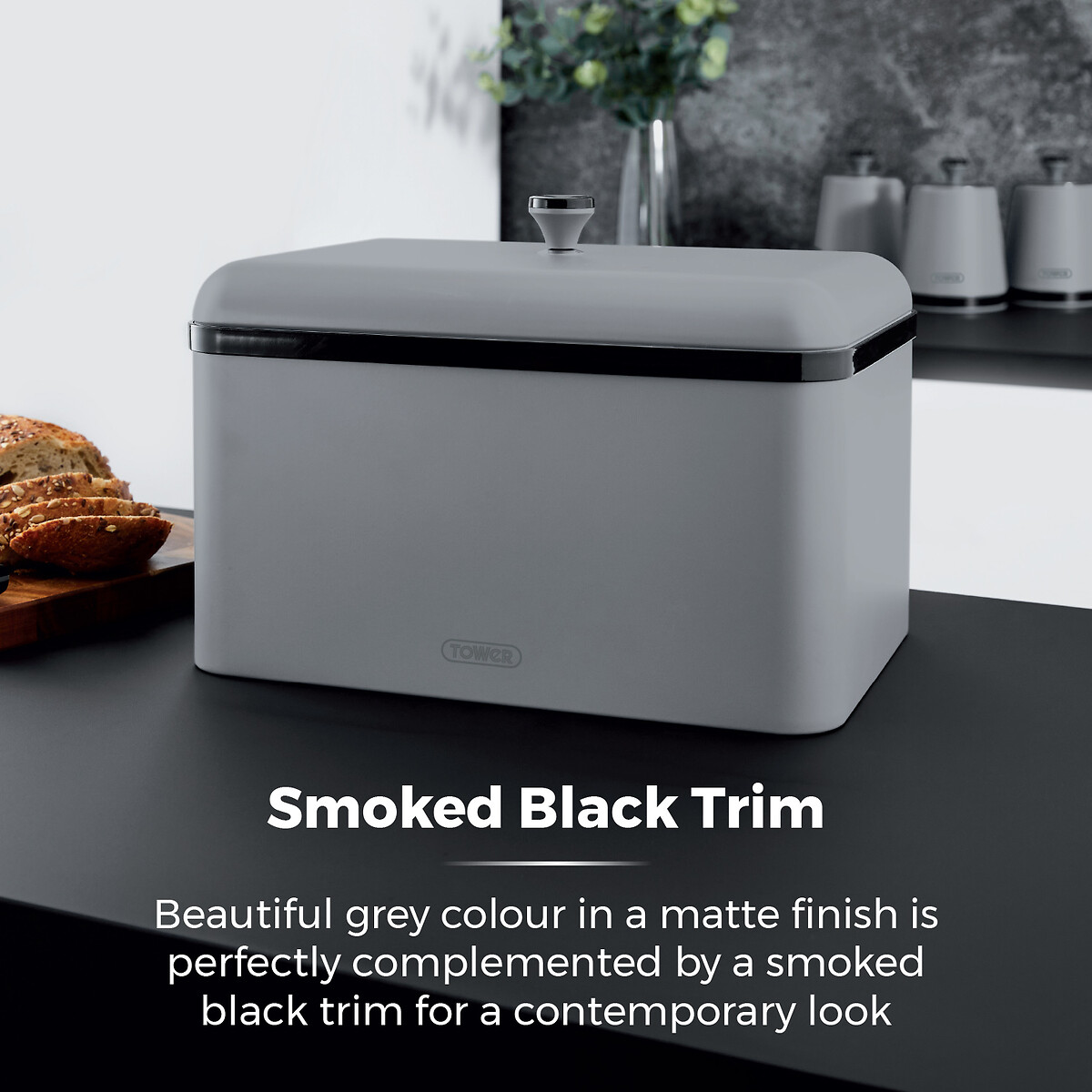 Sera Bread Bin with Smoked Trim grey, TOWER