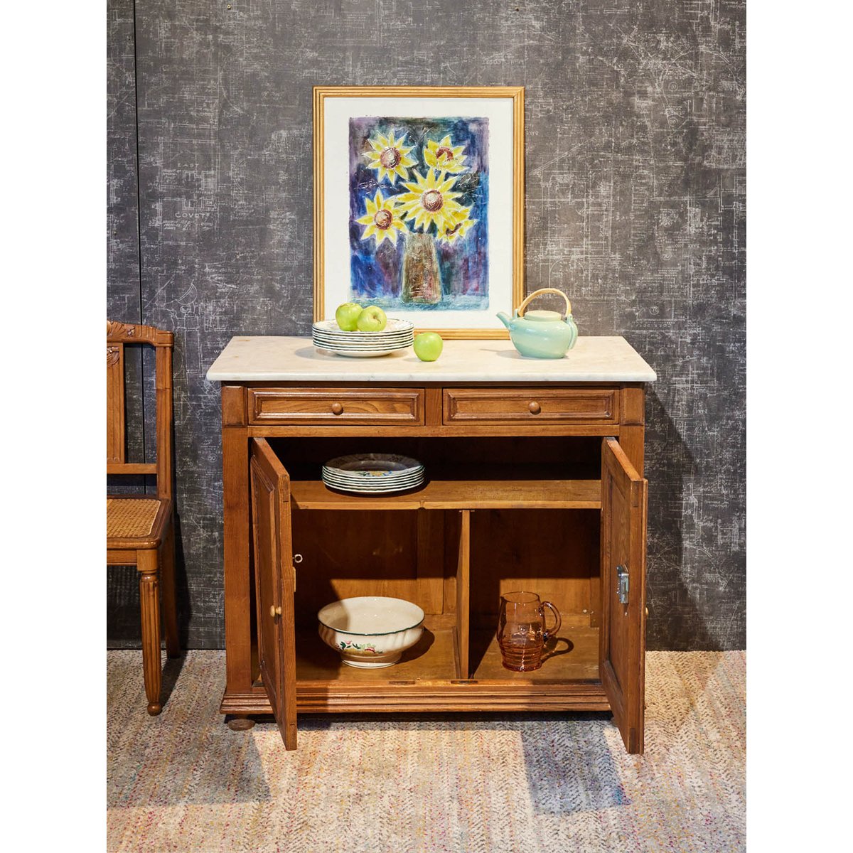 Commode de toilette en marbre Garance N°758 - Bon état bois clair, DEBONGOUT