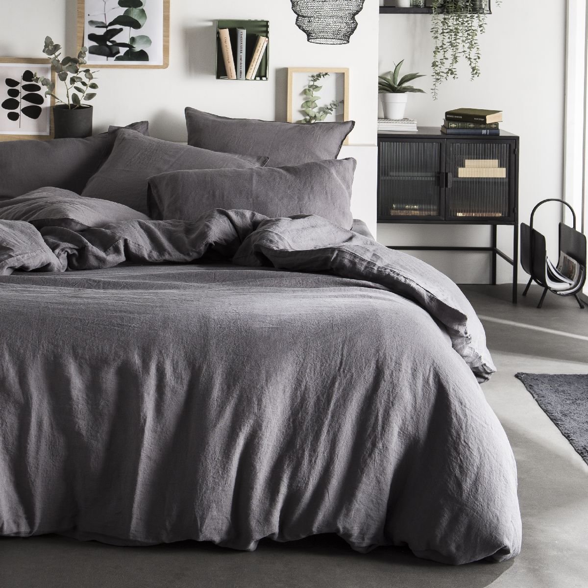 Housse de couette Lin lavé 2 personnes uni NAGHADA gris anthracite, TODAY