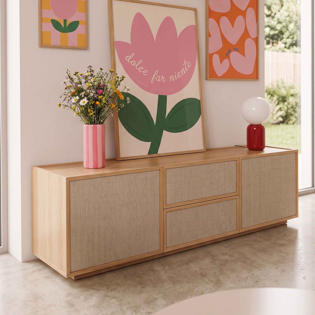 Meuble TV effet bois 150 cm en tissu style scandinave, TOMY bois clair, OVIALA
