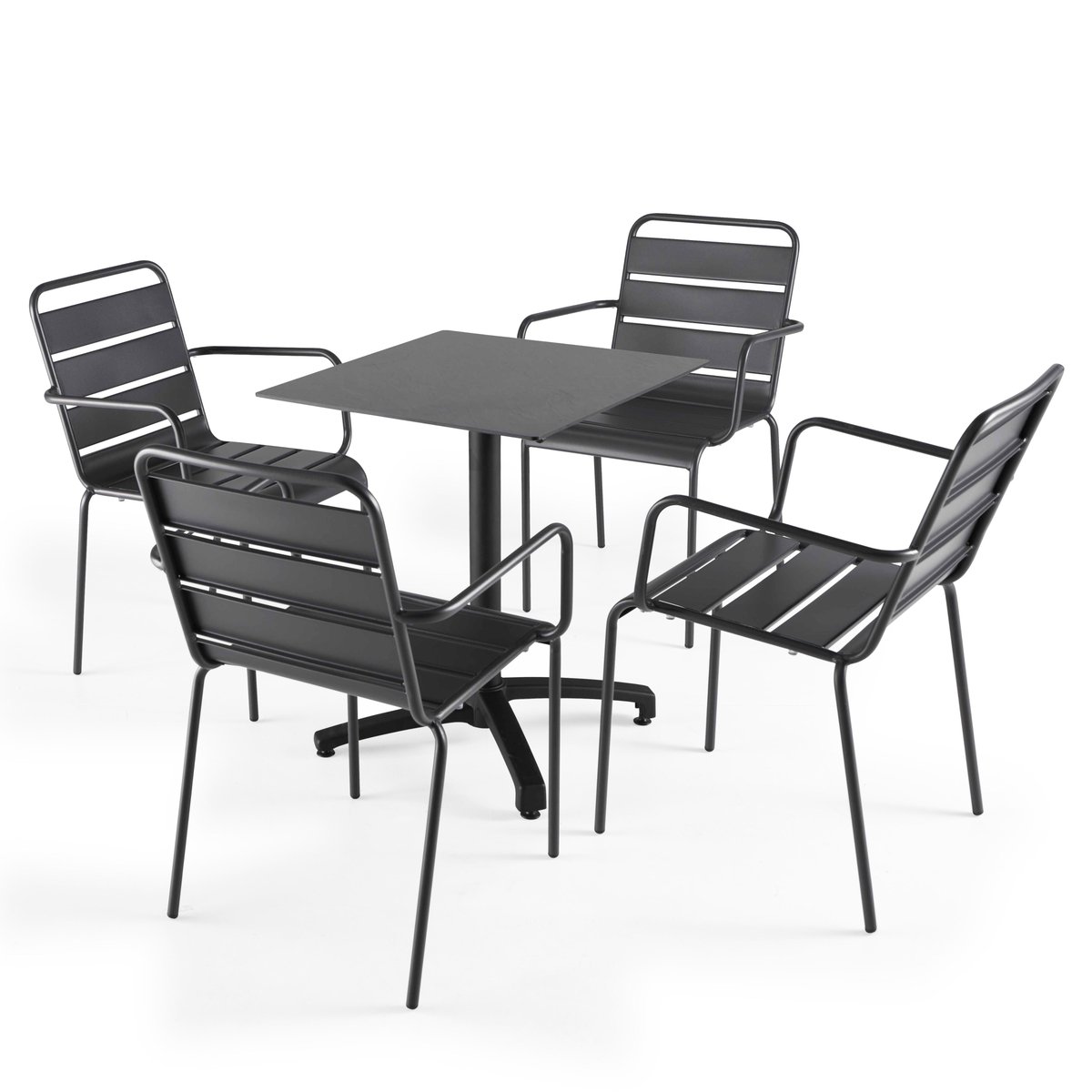 Table 60x60 cm inclinable stratifiée avec pied noir et chaises en métal, OPERA ardoise gris, OVIALA