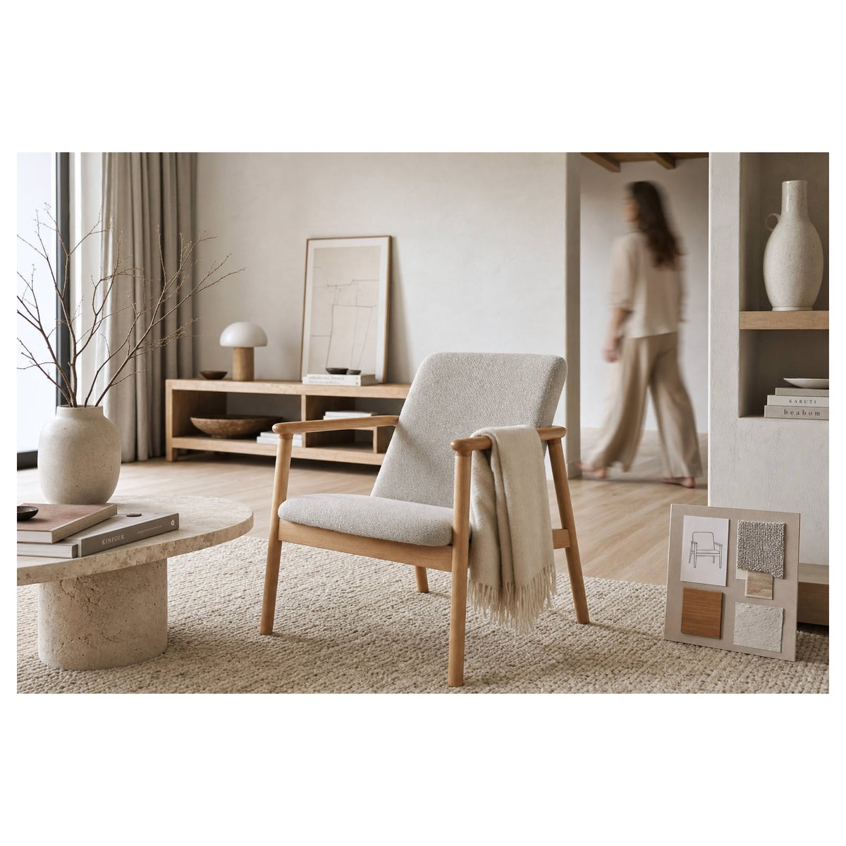 Fauteuil scandinave en hêtre et tissu naturel et gris, RECOLLECTION