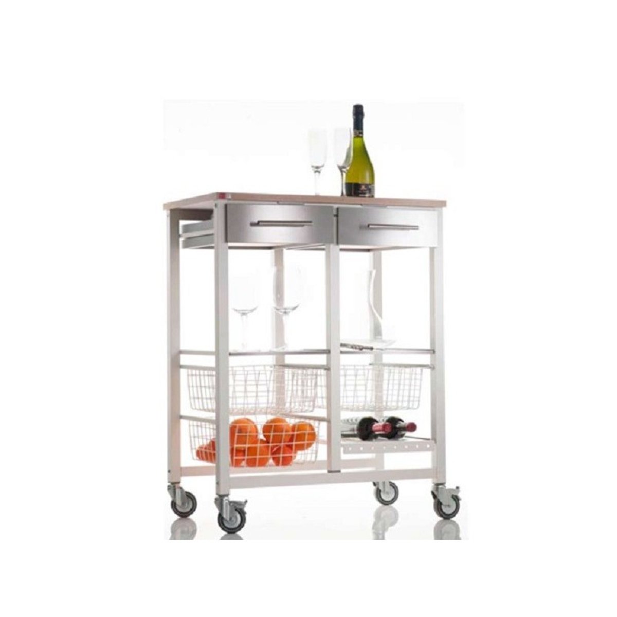 Chariot de cuisine ONDA DOBLE, Chariot métallique double avec 3 paniers, 2 tiroirs, porte-bouteilles blanc, DON HIERRO