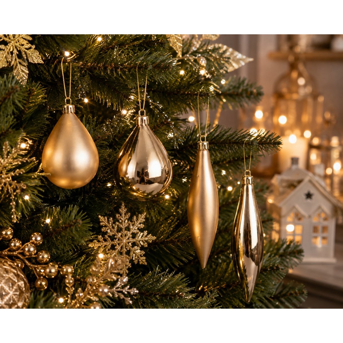 4 boules de sapin de noel olive et glacon or or, EDEN