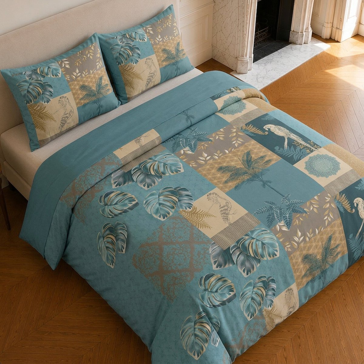 Parure de lit en coton motif tropical, SURINAME bleu canard, C DESIGN HOME TEXTILE