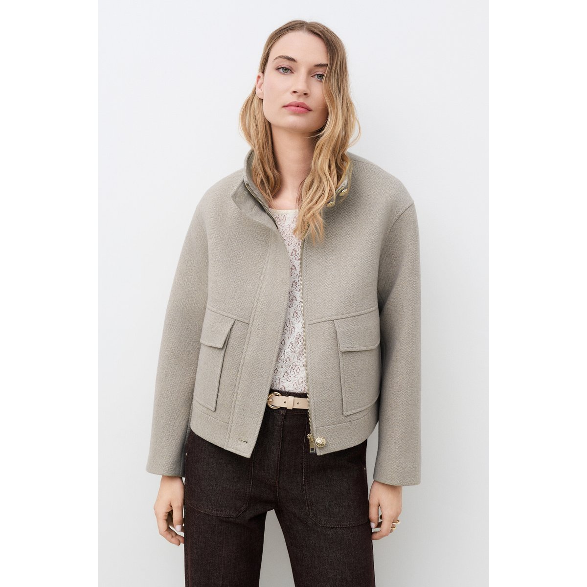 Manteau court droit col montant GMADDIE marron clair, CAROLL