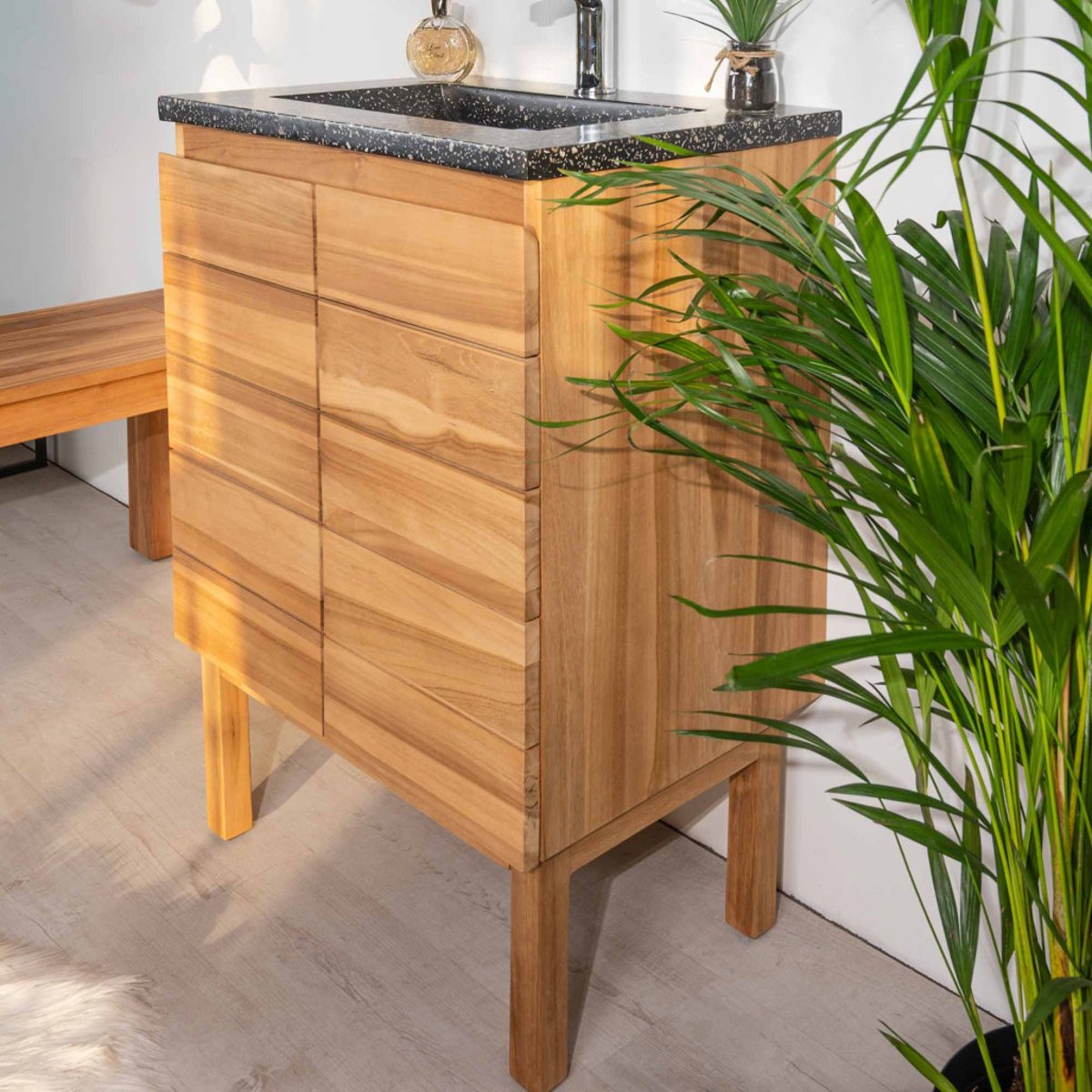 Meuble salle de bain en teck et terrazzo noir Ananta 60cm noir, WANDA COLLECTION