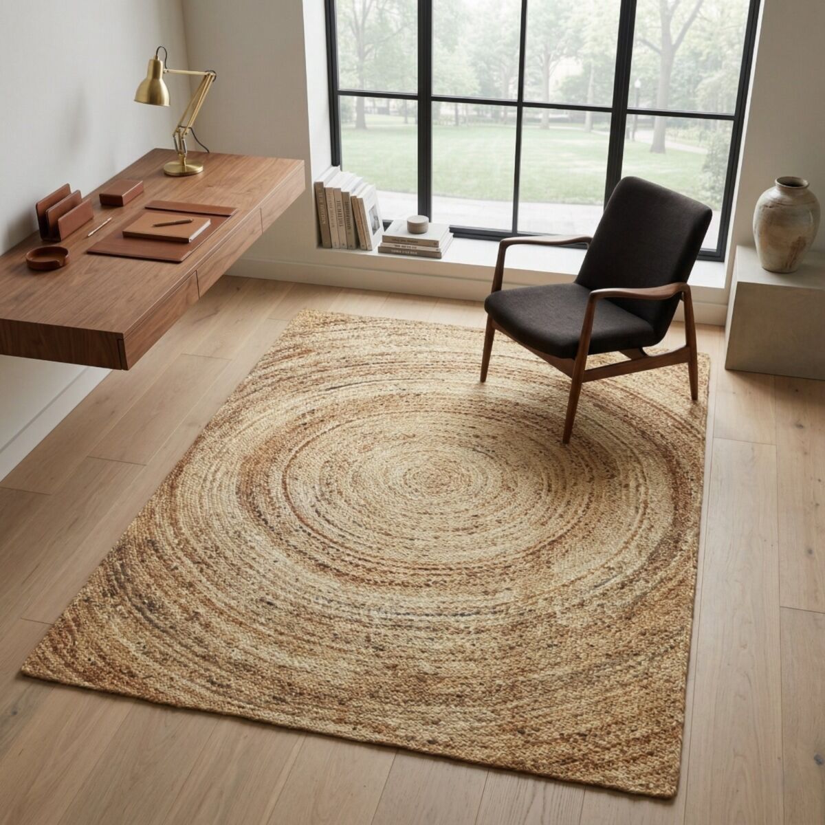 Tapis en jute tressé main lignes SUNNY JUTE - style bohème beige motif rond, THE DECO FACTORY