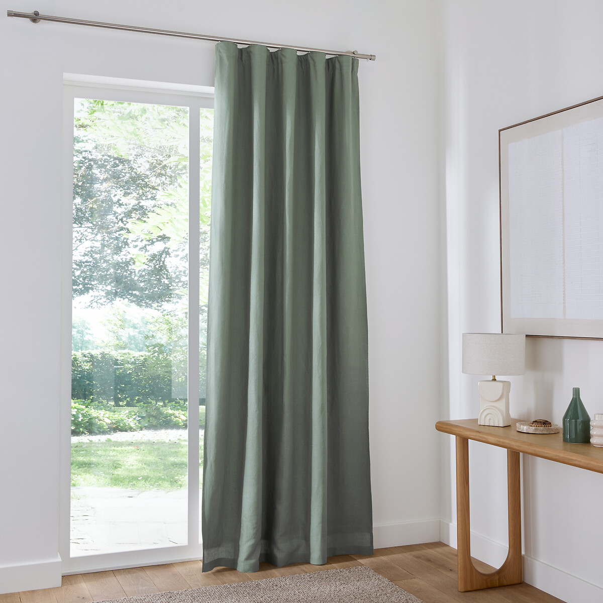 Onega washed linen pencil pleat and wavy pleat blackout curtain grey-green, LA REDOUTE INTERIEURS