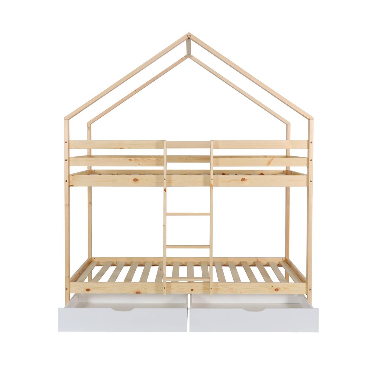 Lit enfant superposé cabane 90 x 190 cm pin naturel avec tiroirs de rangement ROYA blanc, SWEEEK
