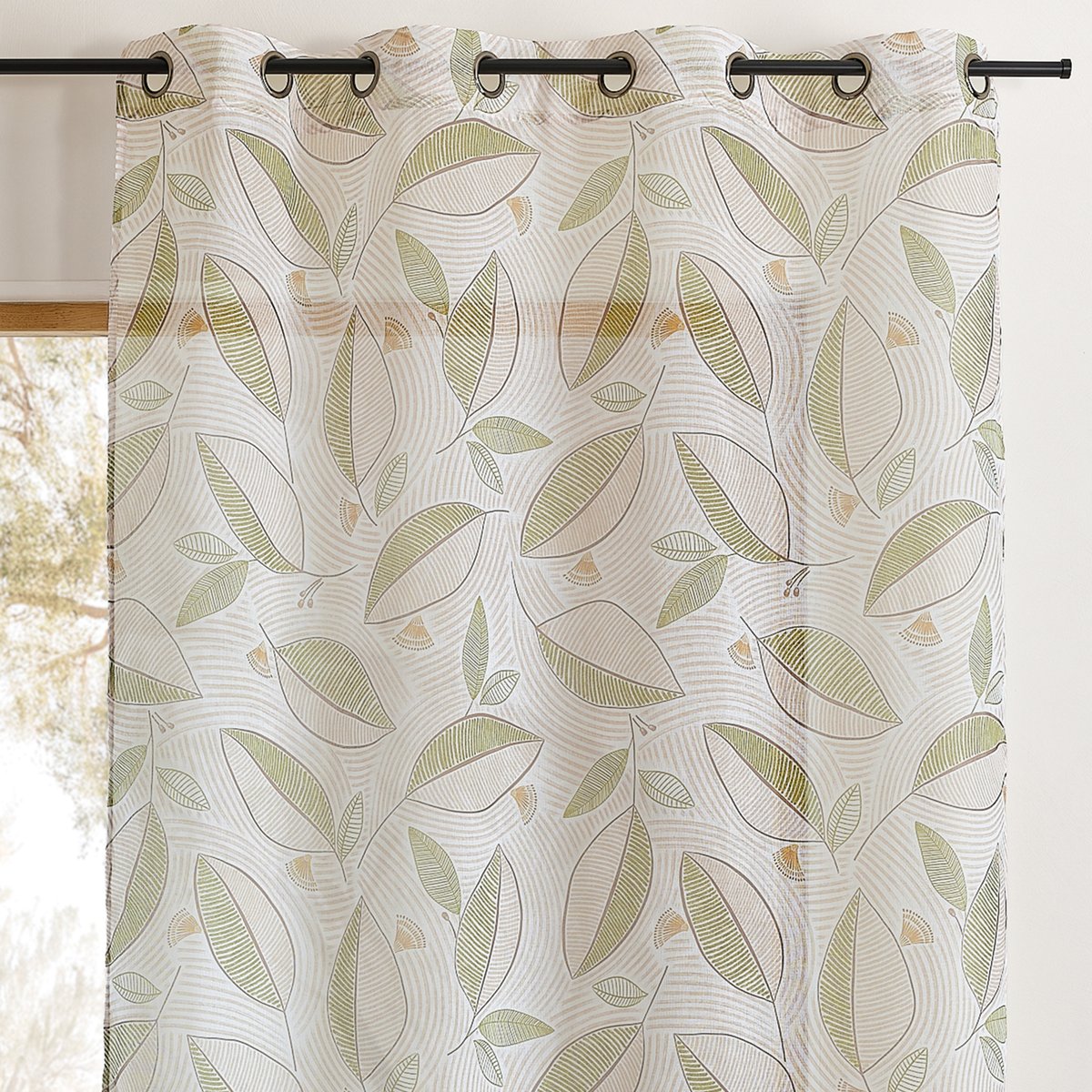Voilage imprimé à motifs feuilles - QABANE kaki, HOME MAISON