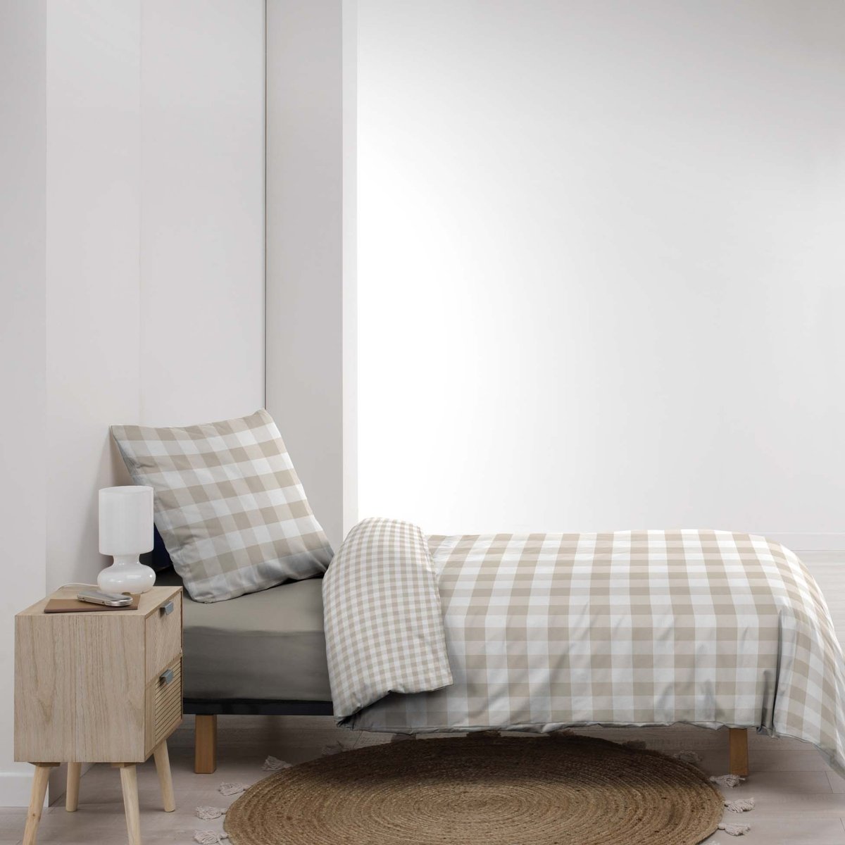 Parure de lit 2 pièces 100 % coton imprimé à carreaux housse + taie naturel, DOUCEUR D'INTÉRIEUR