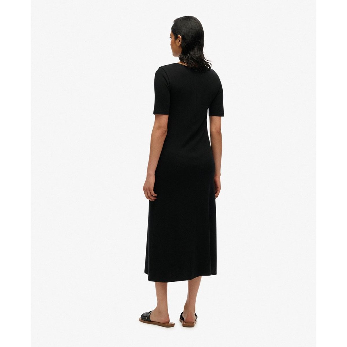 Robe mi-longue en jersey à manches courtes et encolure carrée noir, SUPERDRY