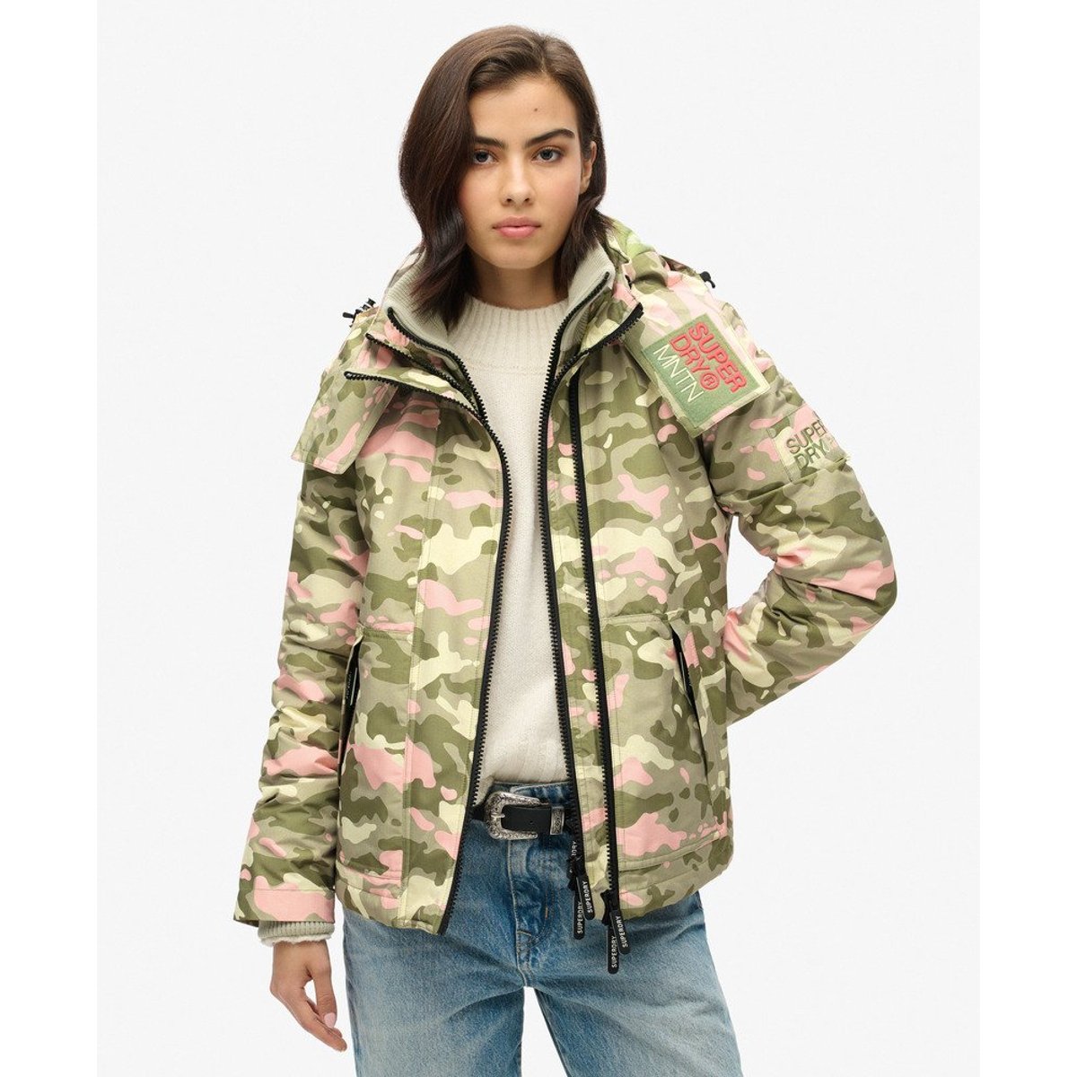 Veste à capuche Mountain Windbreaker vert algue rose camouflage, SUPERDRY