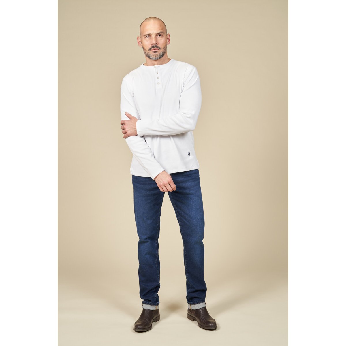 T-shirt uni manche longue col tunisien blanc, MCS