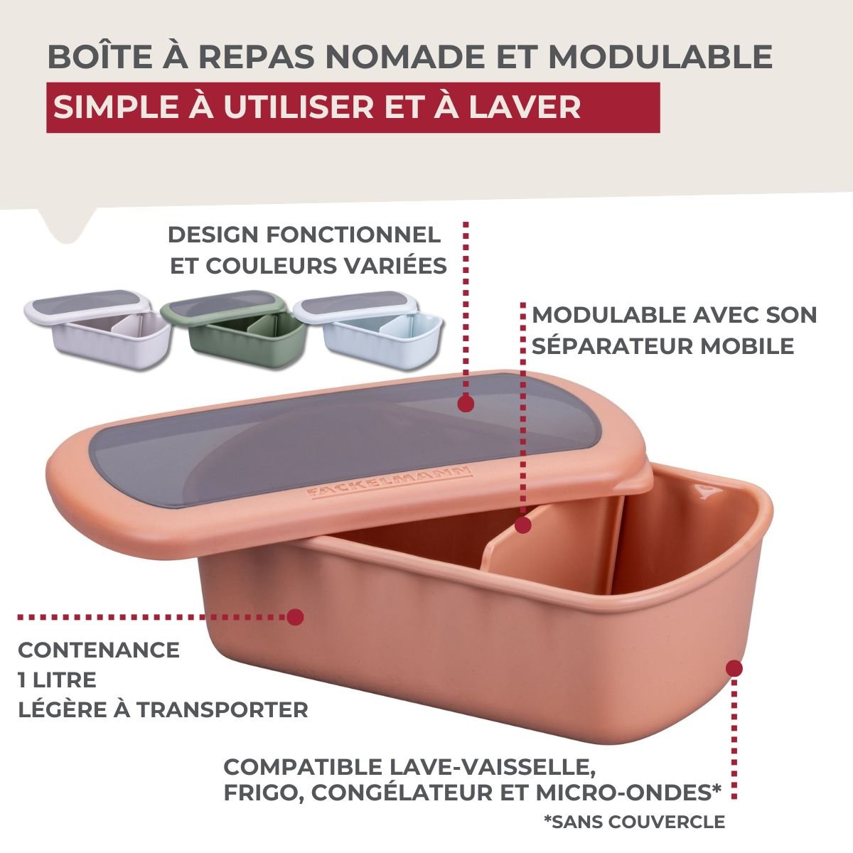 Lot de 6 lunch box 1L avec 3 boites à sauce STORAGE bleu|beige|vert, FACKELMANN