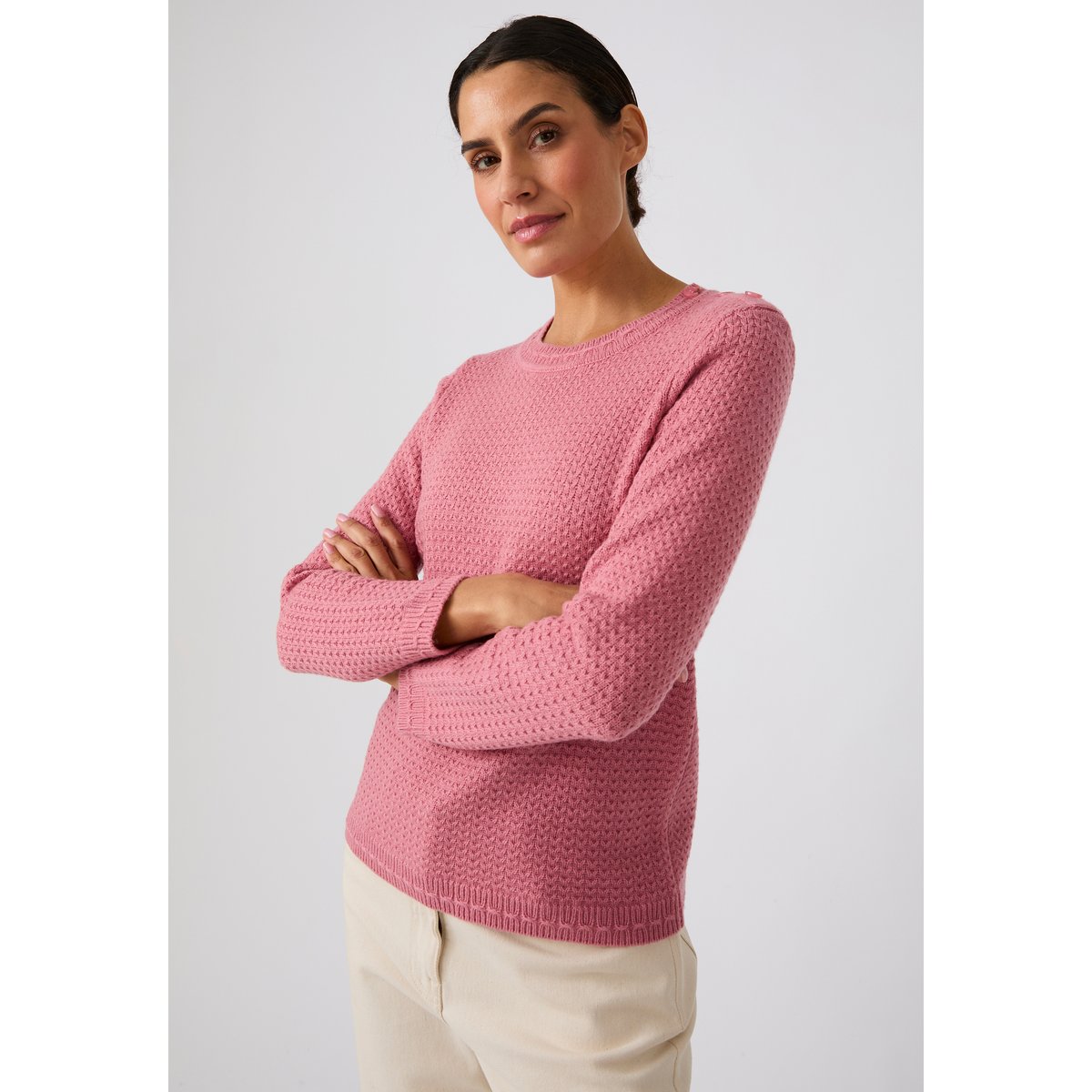 Pull mélange laine boutons épaule vieux rose, DAMART