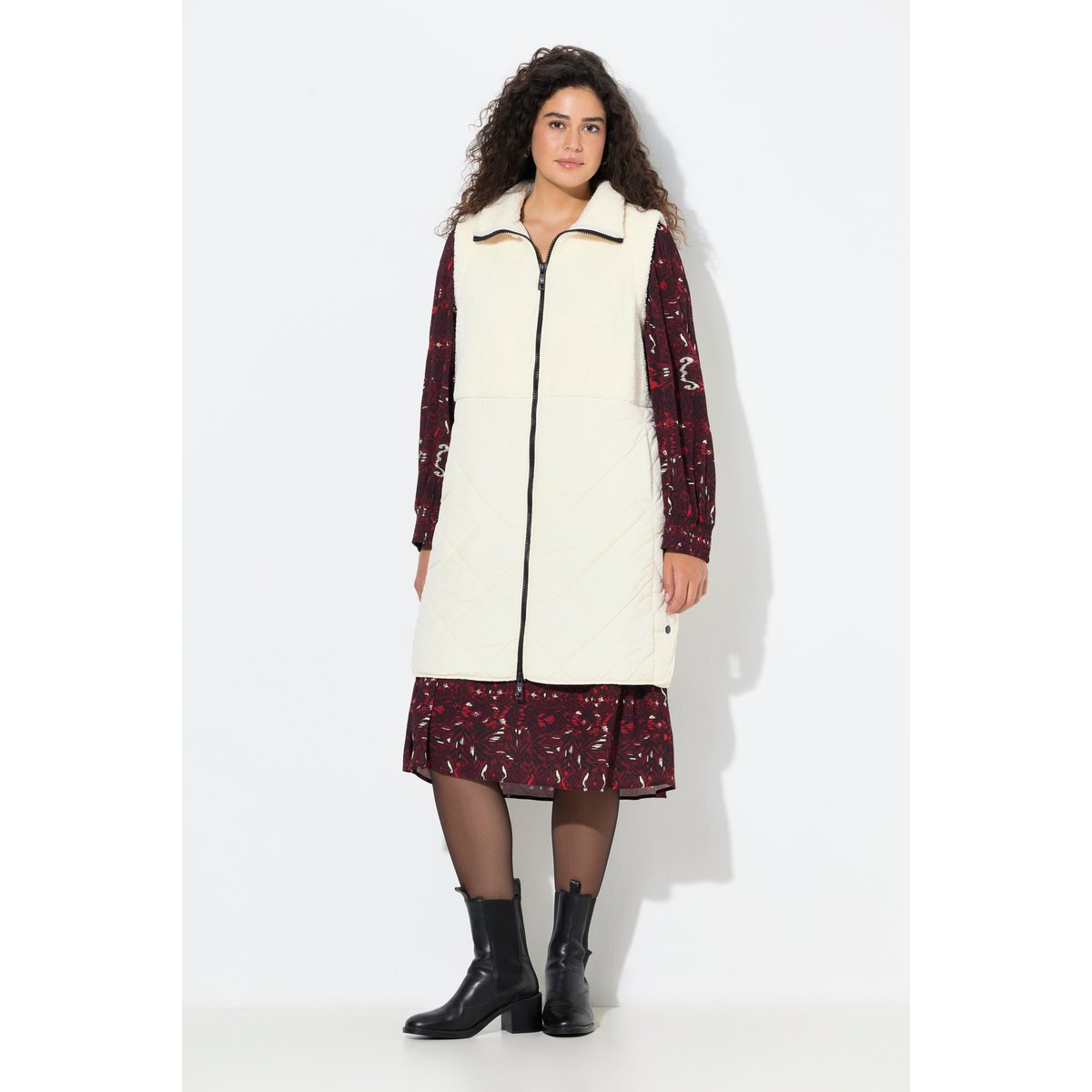 Gilet long, matelassage / polaire bouclette blanc cassé, ULLA POPKEN