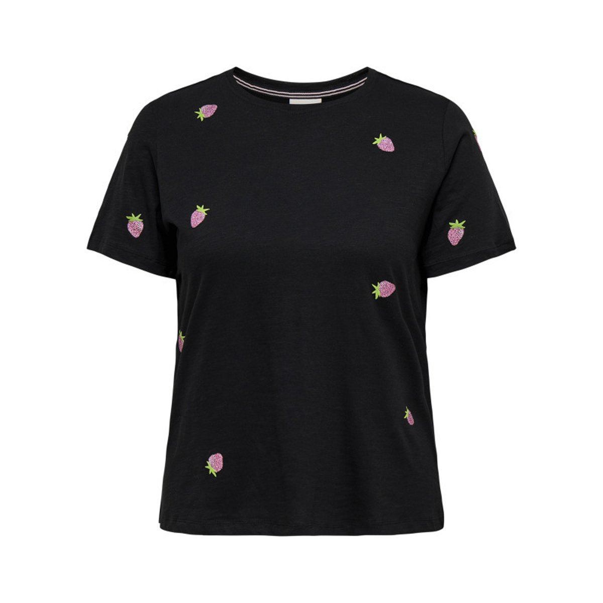 T-shirt en coton biologique noir uni avec une coupe ajustée et un col rond noir, ONLY CARMAKOMA