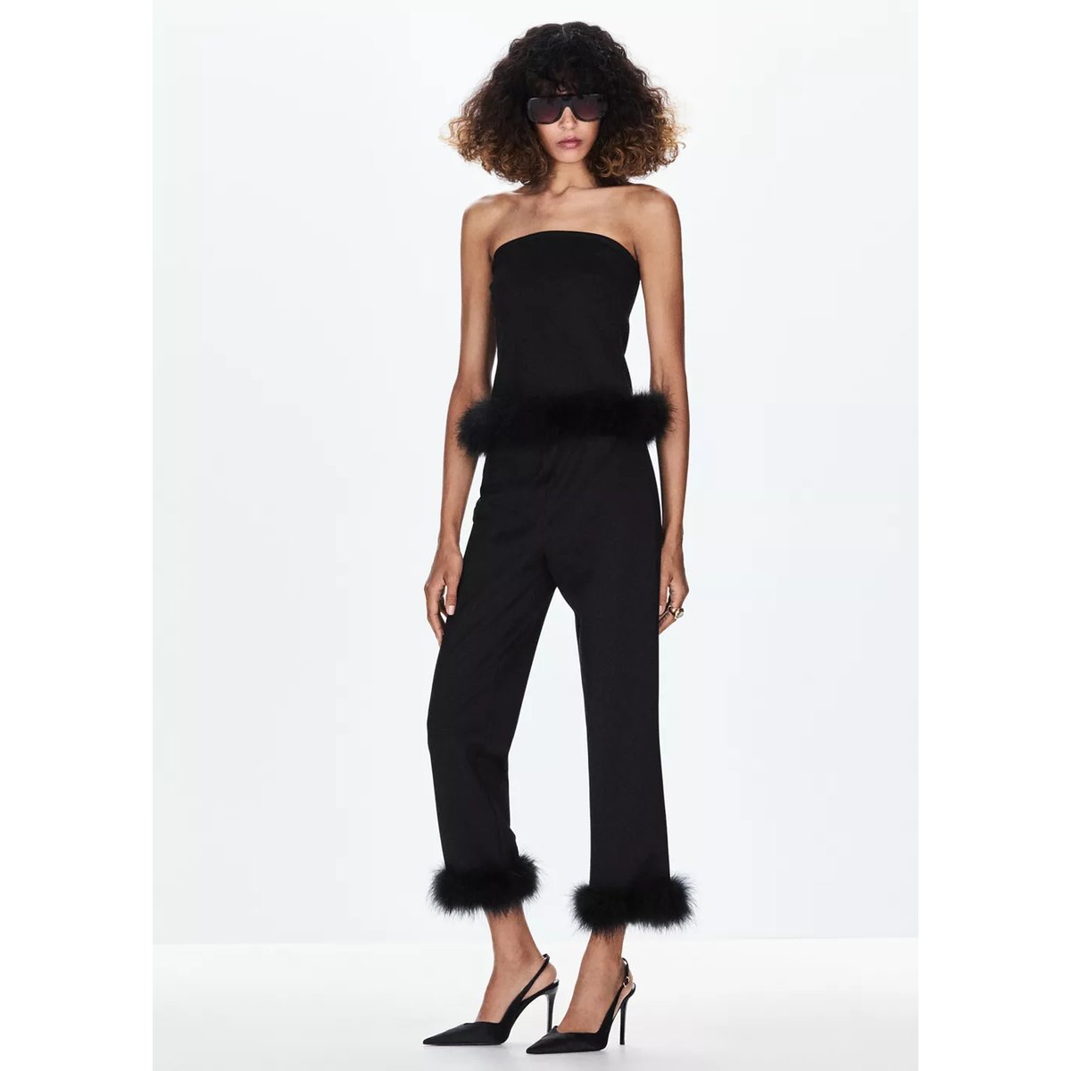 Pantalon taille haute à plumes noir, MANGO