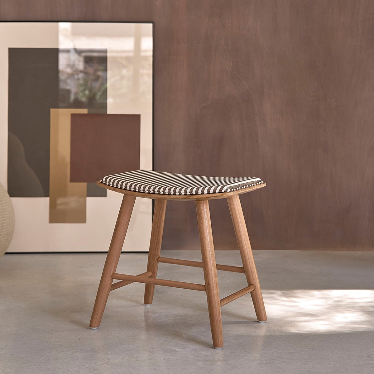Tabouret en teck massif et tissu rayé AMBRE rayure_marron_beige, BERAH GETAH