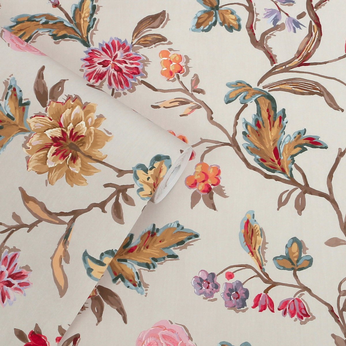 Papier peint Tulipes, roses et fleurs de jardin Lingmell Trail multicolore sur fond crème, LAURA ASHLEY