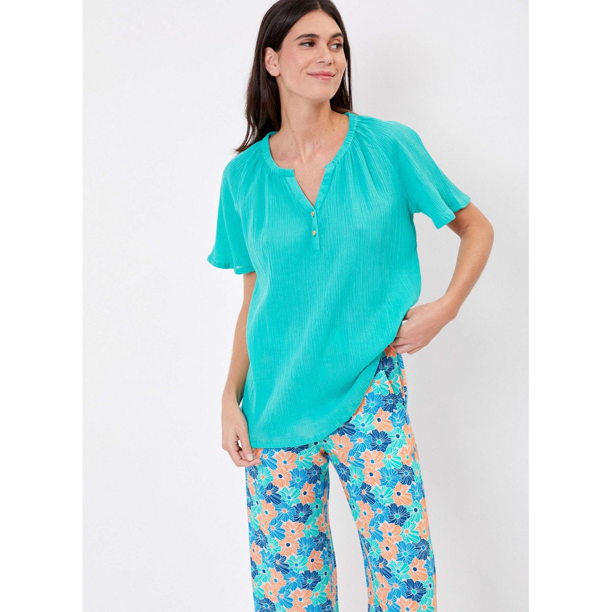 Top col tunisien coton bio uni KLERVIA bleu jade, LA FIANCÉE