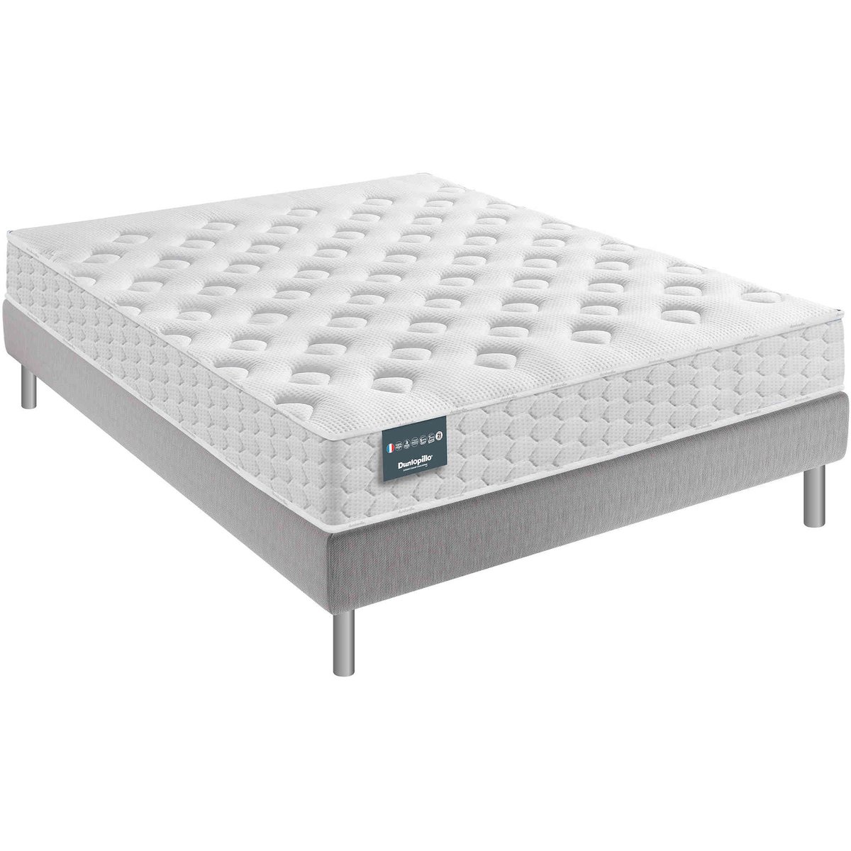 Matelas mousse mémoire, sommier pieds NARCISSE blanc, DUNLOPILLO