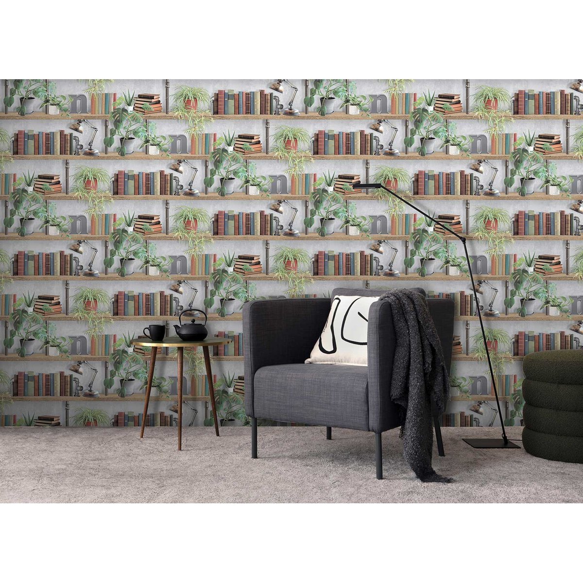 Papier peint bibliothèque livres plantes style loft beige, HEXOA