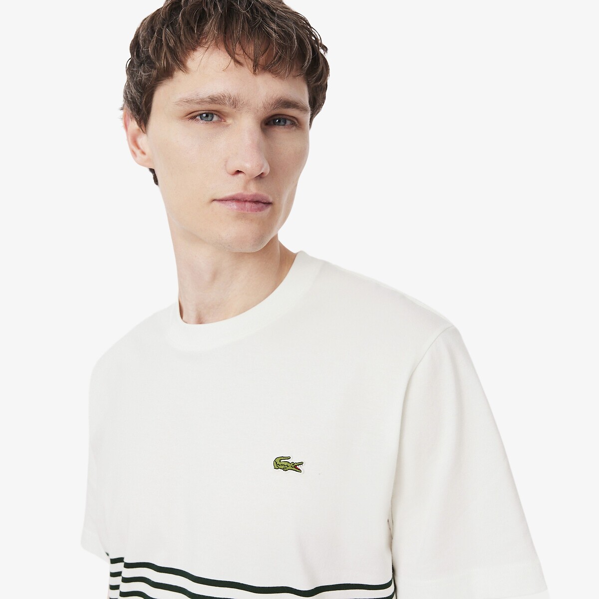 Camiseta de punto a rayas, color-block blanco roto/verde, LACOSTE