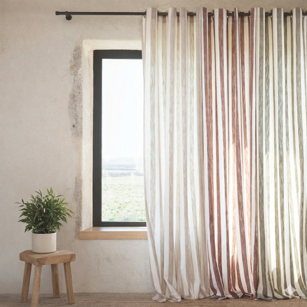 Rideau 100% coton larges rayures LOURMARIN - QABANE kaki, HOME MAISON
