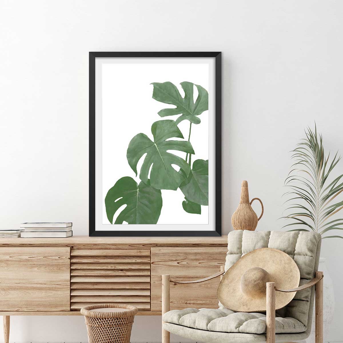 Affiche Feuilles de Monstera affiche + cadre en bois - noir, HEXOA