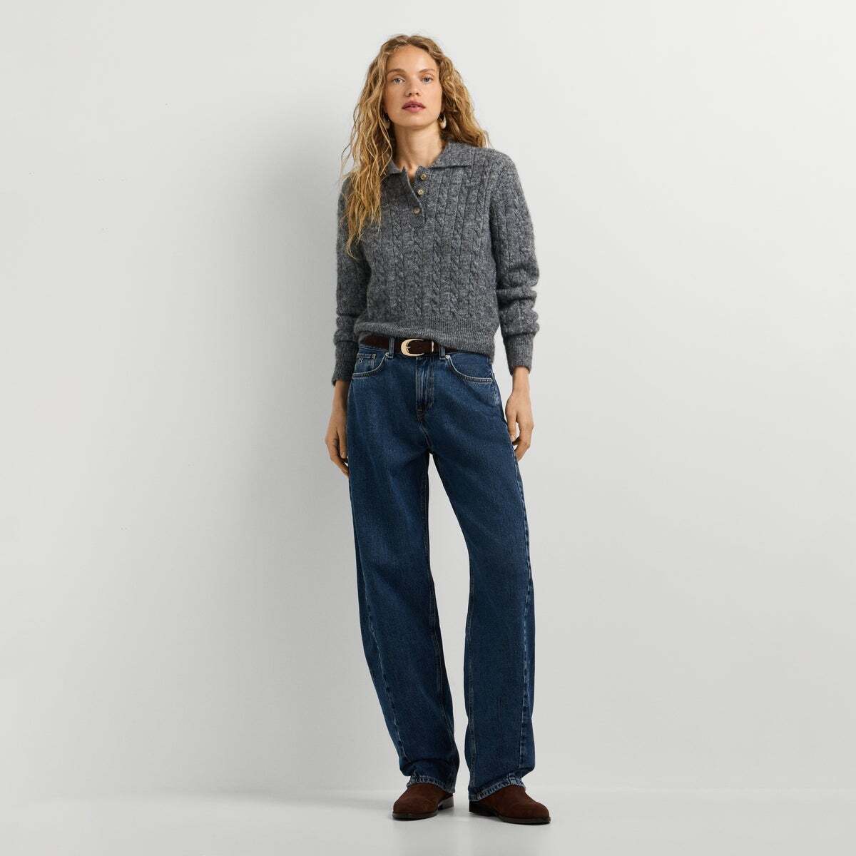 Pull Torsadé À Col Polo gris foncé chine, PEPE JEANS
