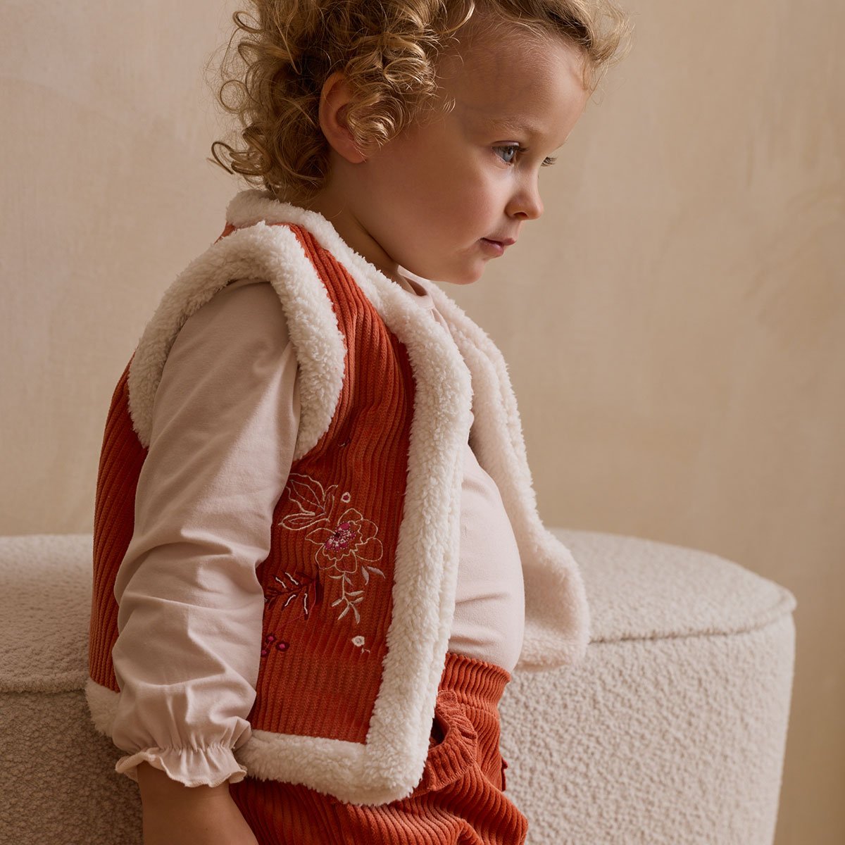 Veste sans manches enfant réversible en velours côtelé Manouk orange, PETIT BEGUIN