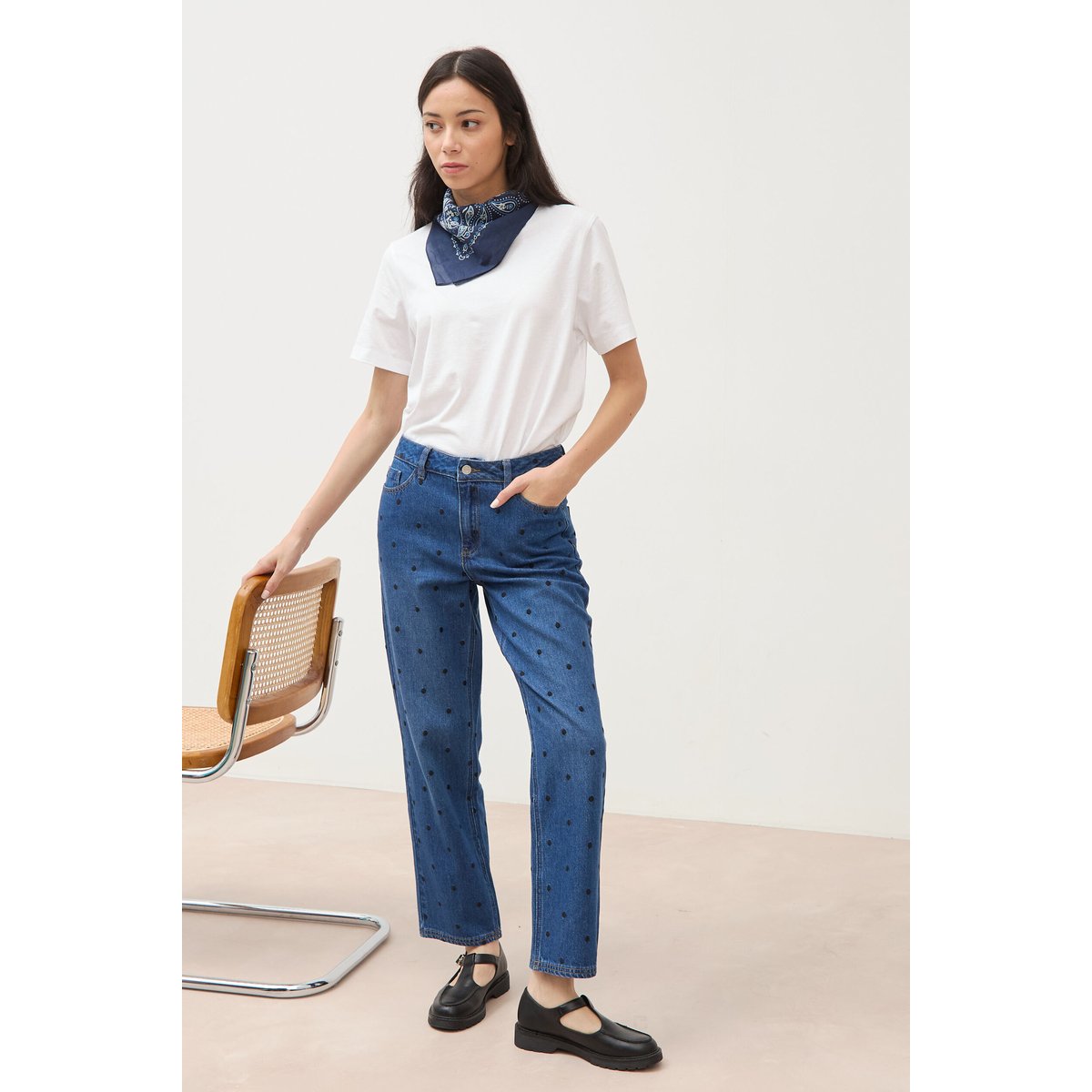 Jeans straight taille haute broderie bleu clair, BONOBO