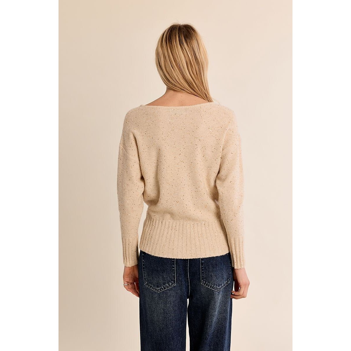 Pull con scollo a V e paillettes ecru , MOLLY BRACKEN