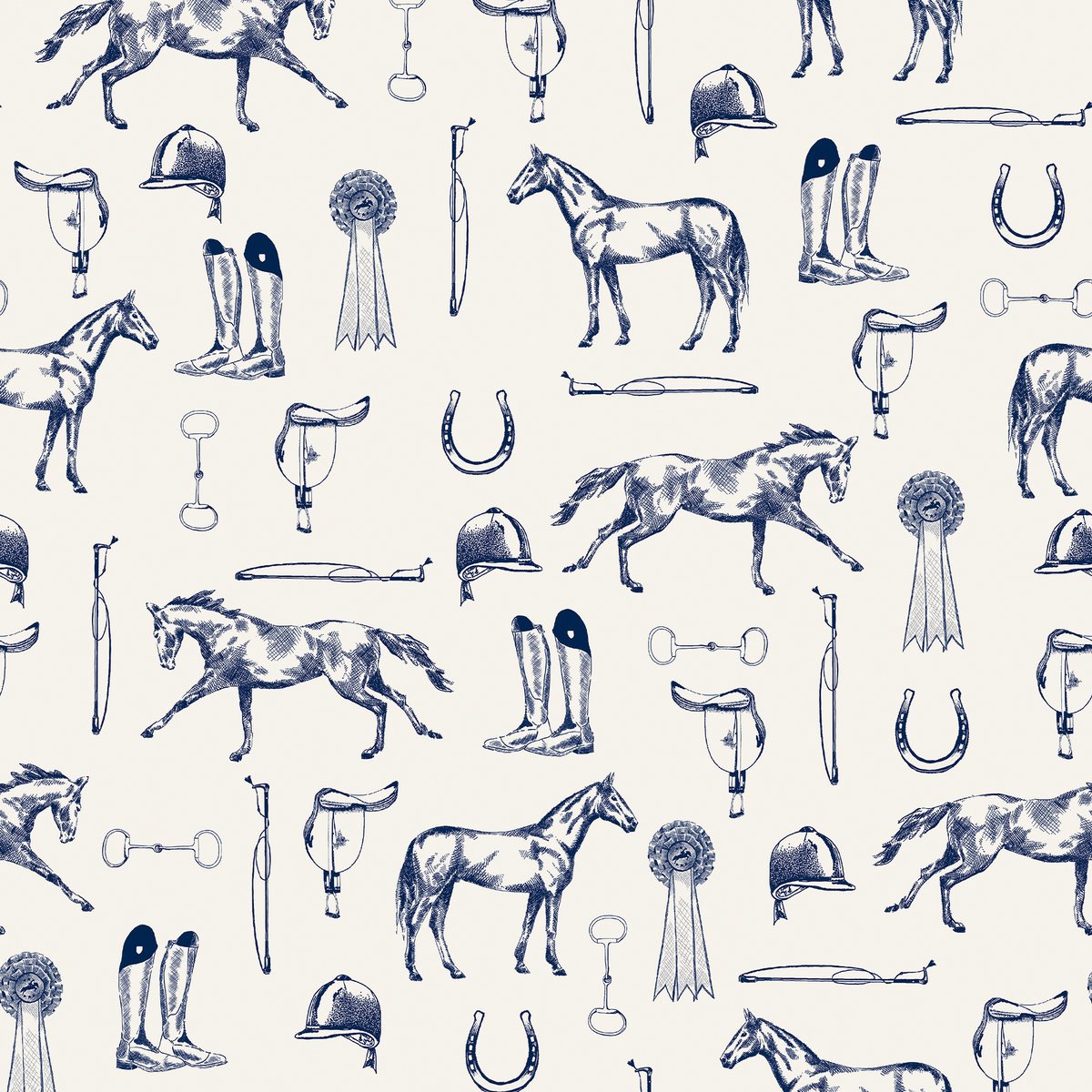 Papier peint Vive l'équitation ! bleu, crème, JOULES