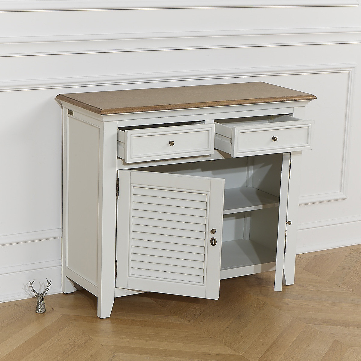 Buffet style shabby chic, plateau en chêne, 2 tiroirs, 2 portes EDEN blanc, ROBIN DES BOIS