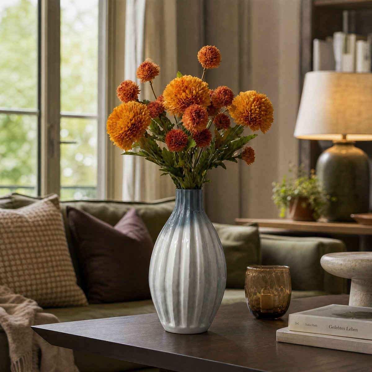 Bouquet de 6 tiges de dahlias artificiel H62 orange, SIA