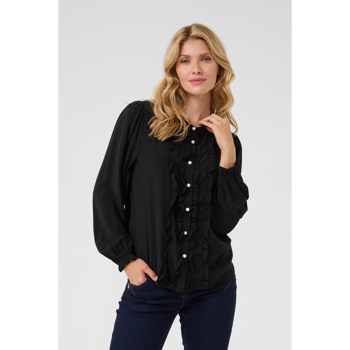 Blouse with long sleeve noir pitch black, CREAM