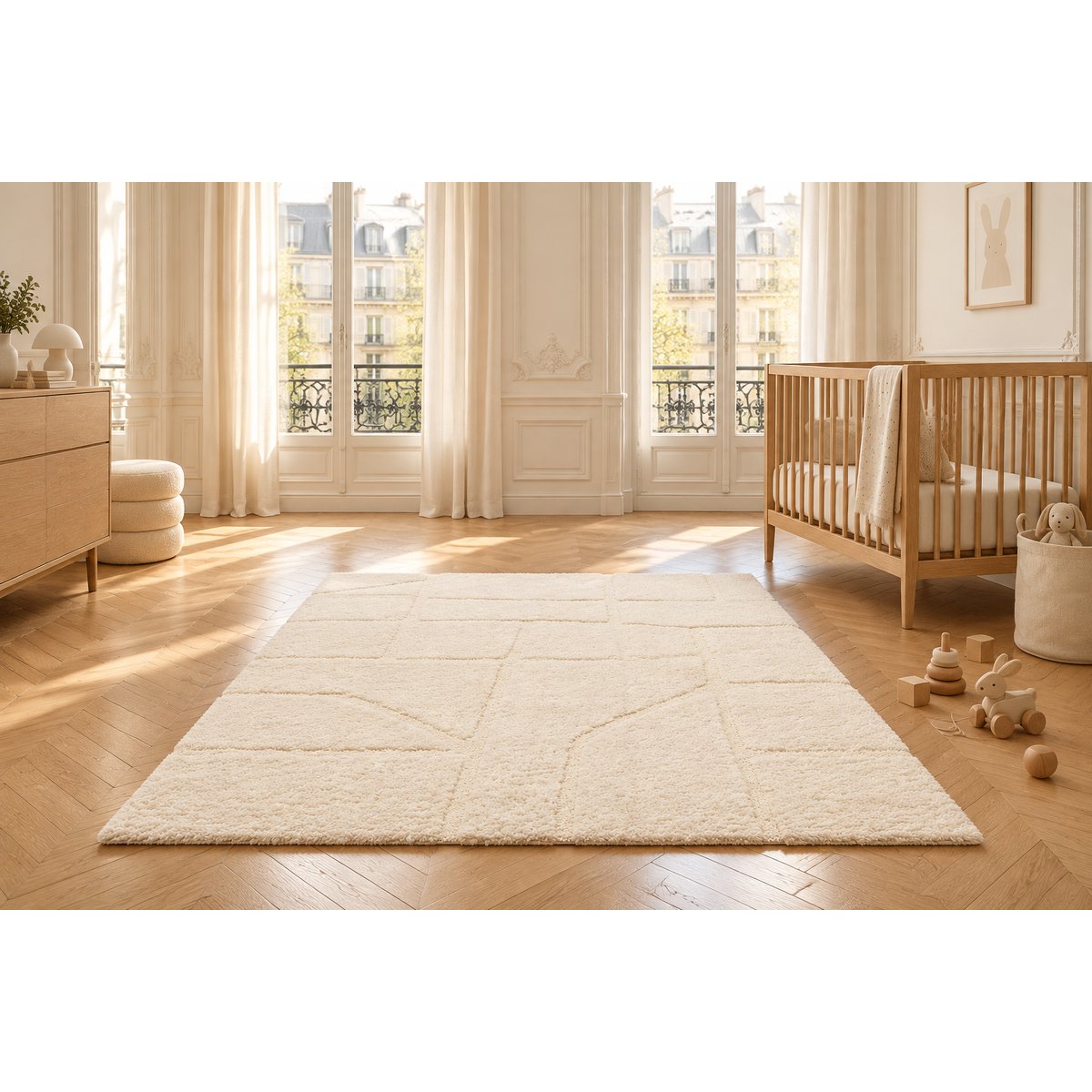 Tapis doux à relief en polyester recyclé MURMURE blanc pur, AFK LIVING