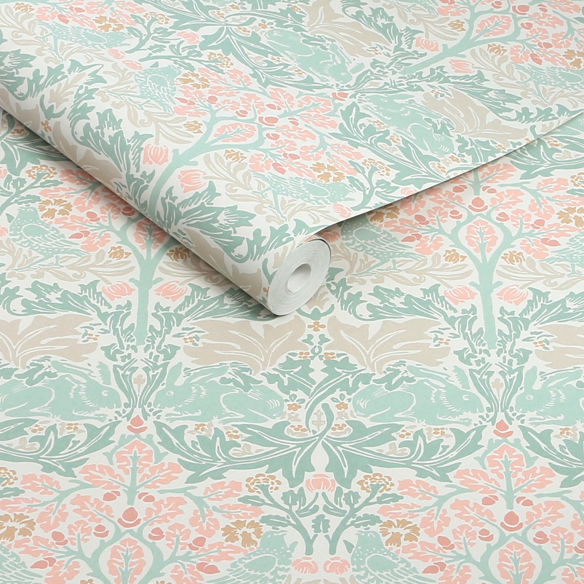 Papier peint fleuri Lapins et oiseaux du matin vert sauge, beige, ocre, WILLIAM MORRIS AT HOME