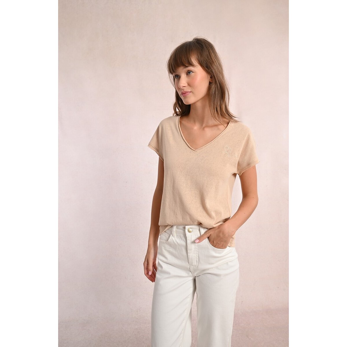 Short Sleeve T-Shirt with V-Neck beige, MOLLY BRACKEN